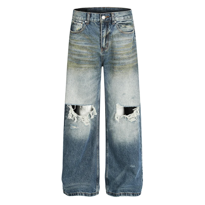 

Джинсы с настоящим изображением весны и лета 2025 года, мешковатые широкие джинсы с потертостями и поврежденными отверстиями, мужские уличные повседневные джинсовые брюки, брюки-карго