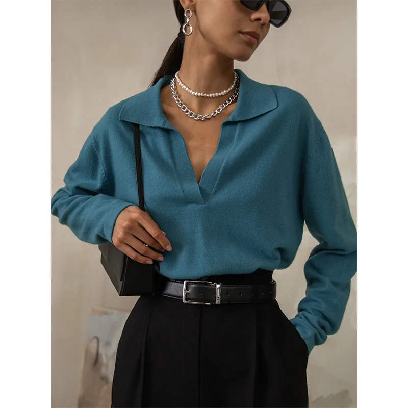 Lapel sweater Europe and the United States 2023 fall and winter French temperament commuting fashion with solid color V-shaped