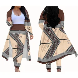 Polynesian Tribal Samoa Retro Brown Fiji Tapa Print Custom Two Piece Comfortable Kimono Suit Women's Long Sleeve Cardigan Set