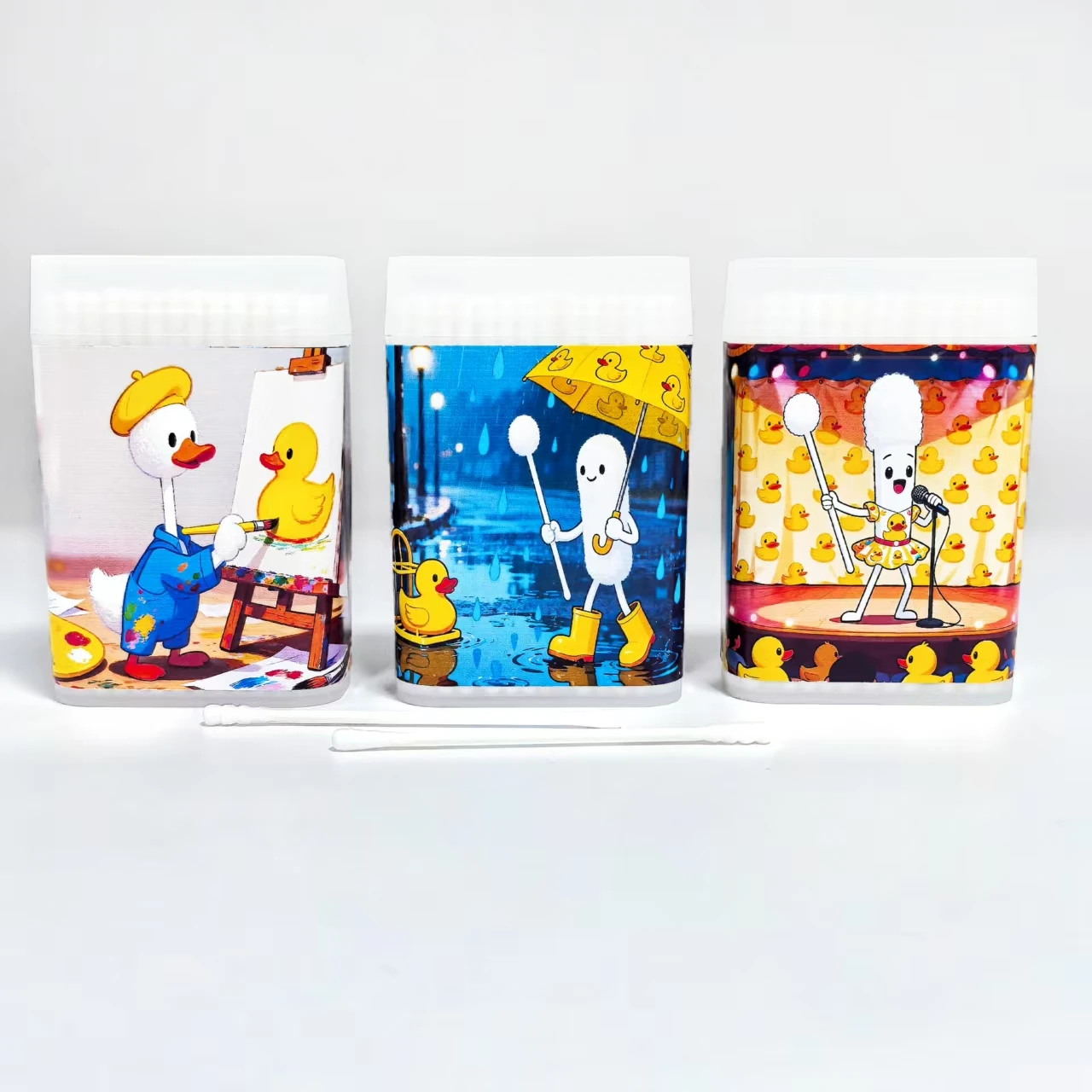 300개 귀여운 노란 오리 테마의 양면 면봉, 미세 축 나사형 원형 면봉