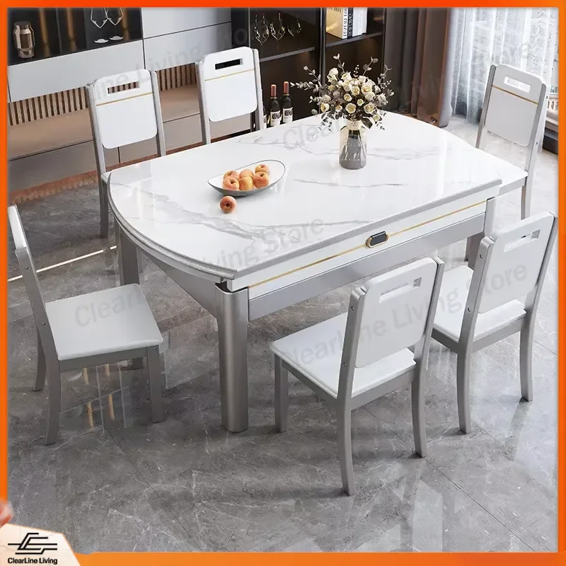Retractable Folding Round Dining Table Set Italian Smooth Slate Top Modern Simple Home Furniture Space Saving Kitchen Desk