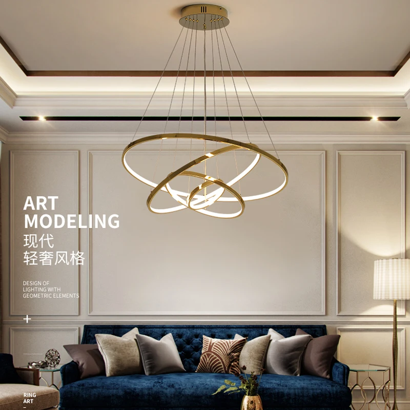 Modern pendant chandelier,Dimmable pendant ceiling light,Led chandeliers for living bedroom dining room,Gold/chrome 3-4ring