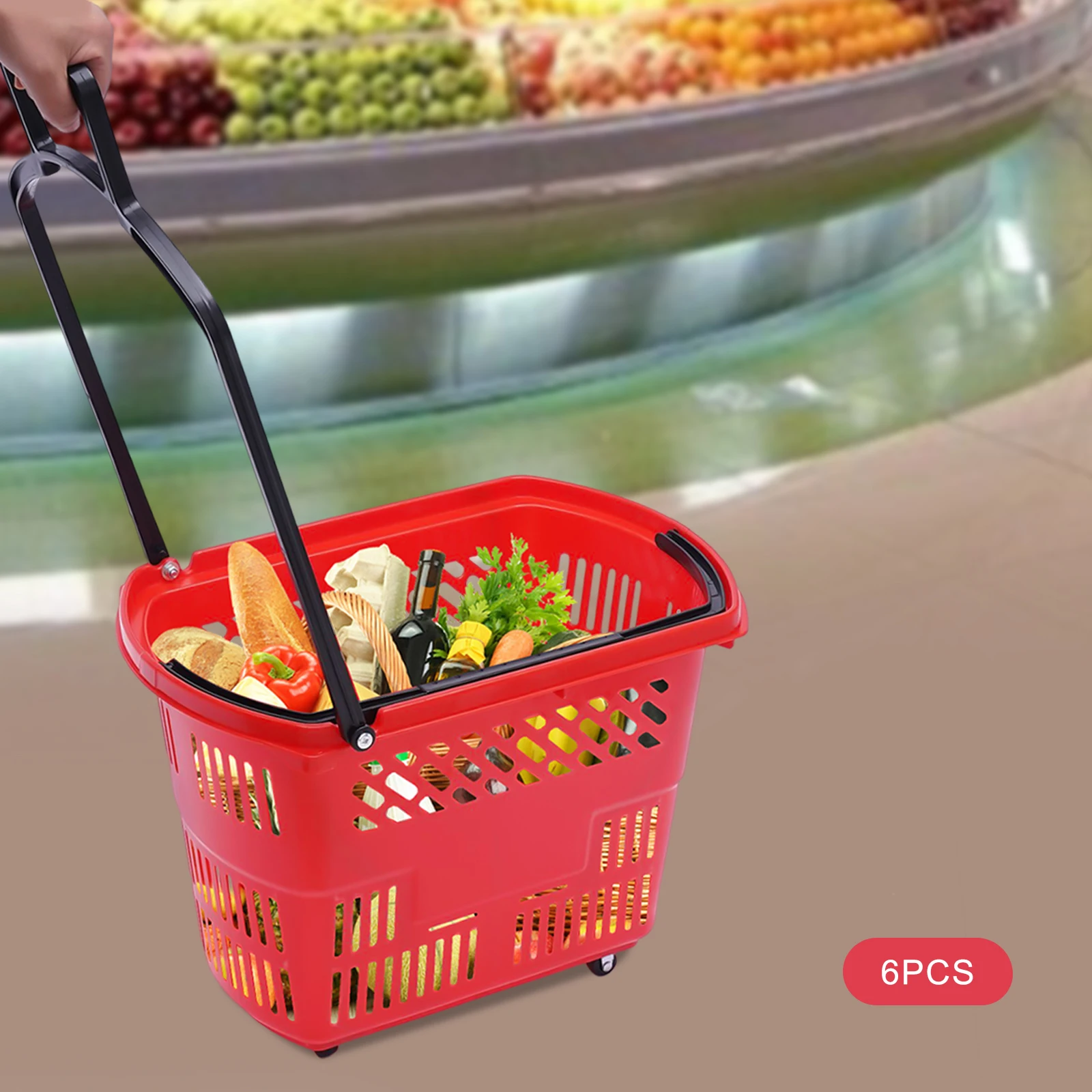 

35L 6PCS Portable Shopping Carts w/Wheels and Handle Plastic Rolling Shopping Basket Set Blue/Red in Supermarkets Retail Stores