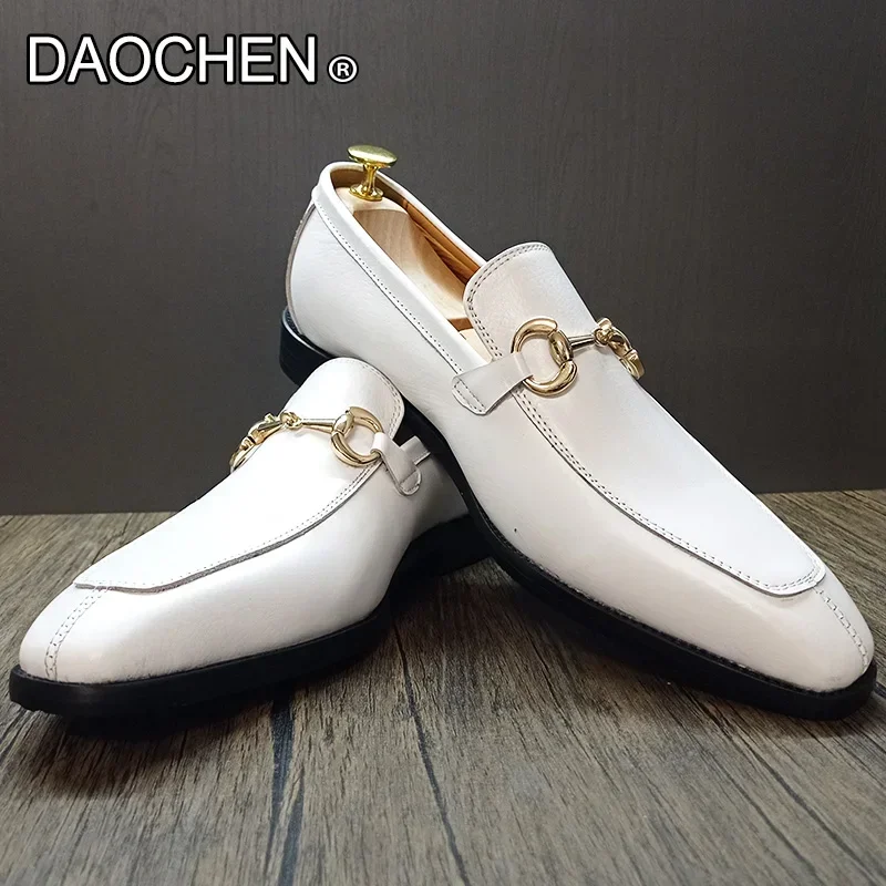 LUXURY BRAND MEN LEATHER SHOES BLACK WHITE MEN DRESS CASUAL SHOES SLIP ON WEDDING OFFICE SUMMER HORSEBIT LOAFERS FOR MEN