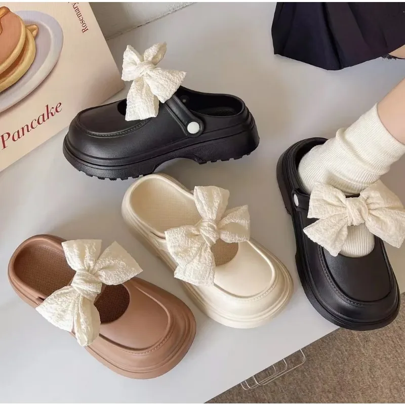 Cute Bow-wrapped Head Half Slippers Female Summer Wear 2024 New Double Wear Thick Bottom Hole Sandals