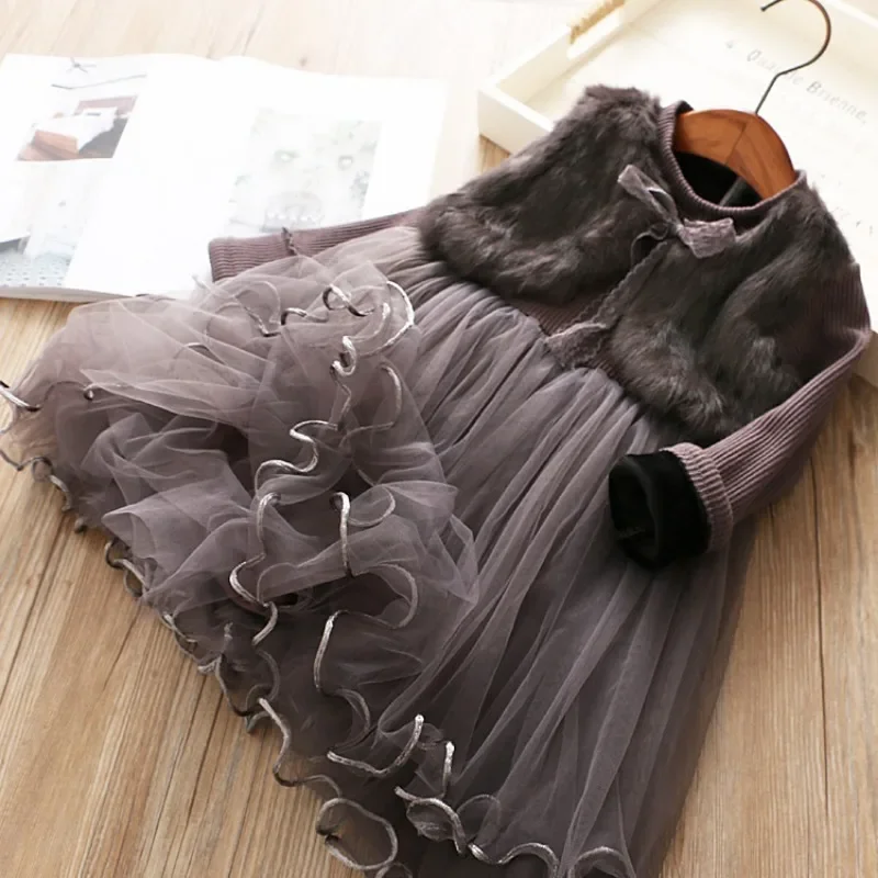 Children Girls Tulle Dress New Autumn Long Sleeves Fake 2Pcs Fluff Princess Dresses Kids Keep Warm Prom Girl Party Girl Clothing