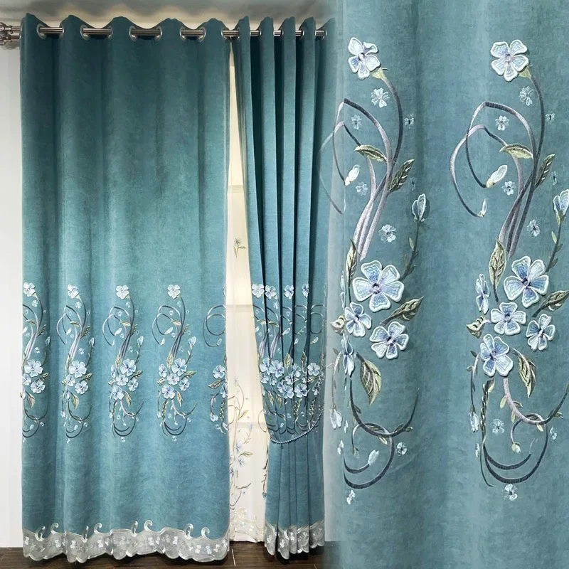 Embossed Embroidery European Curtains for Living Dining Room Bedroom Shading Luxurious Flower Blue-green Window Gauze Custom
