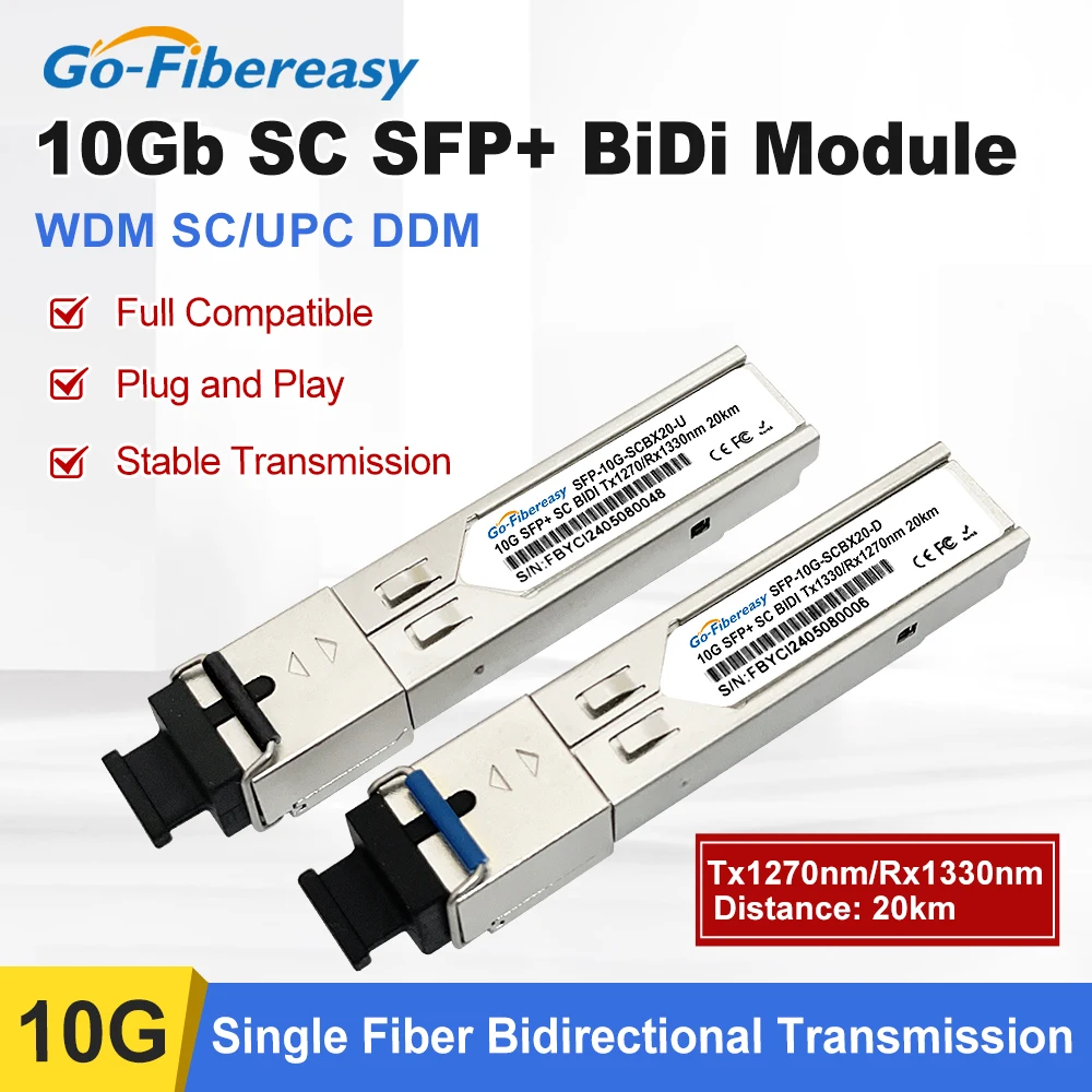 وحدة 10G BIDI SC WDM 20km SFP+ 1270/1330nm وحدة الألياف الضوئية أحادية الوضع متوافقة مع Cisco وMikrotik... إلخ التبديل البصري