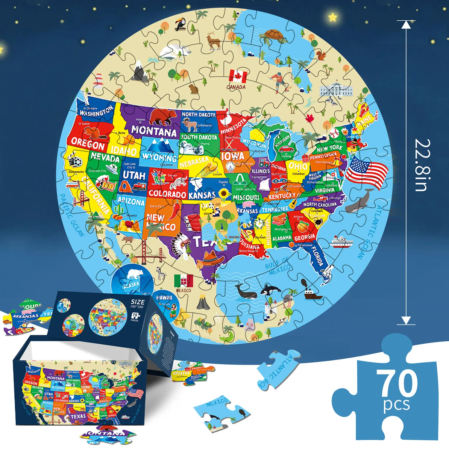 70 Pieces USA Map Jigsaw Puzzles for Adults Home Decor Games Family Fun Floor Puzzles Educational Toys for Kids