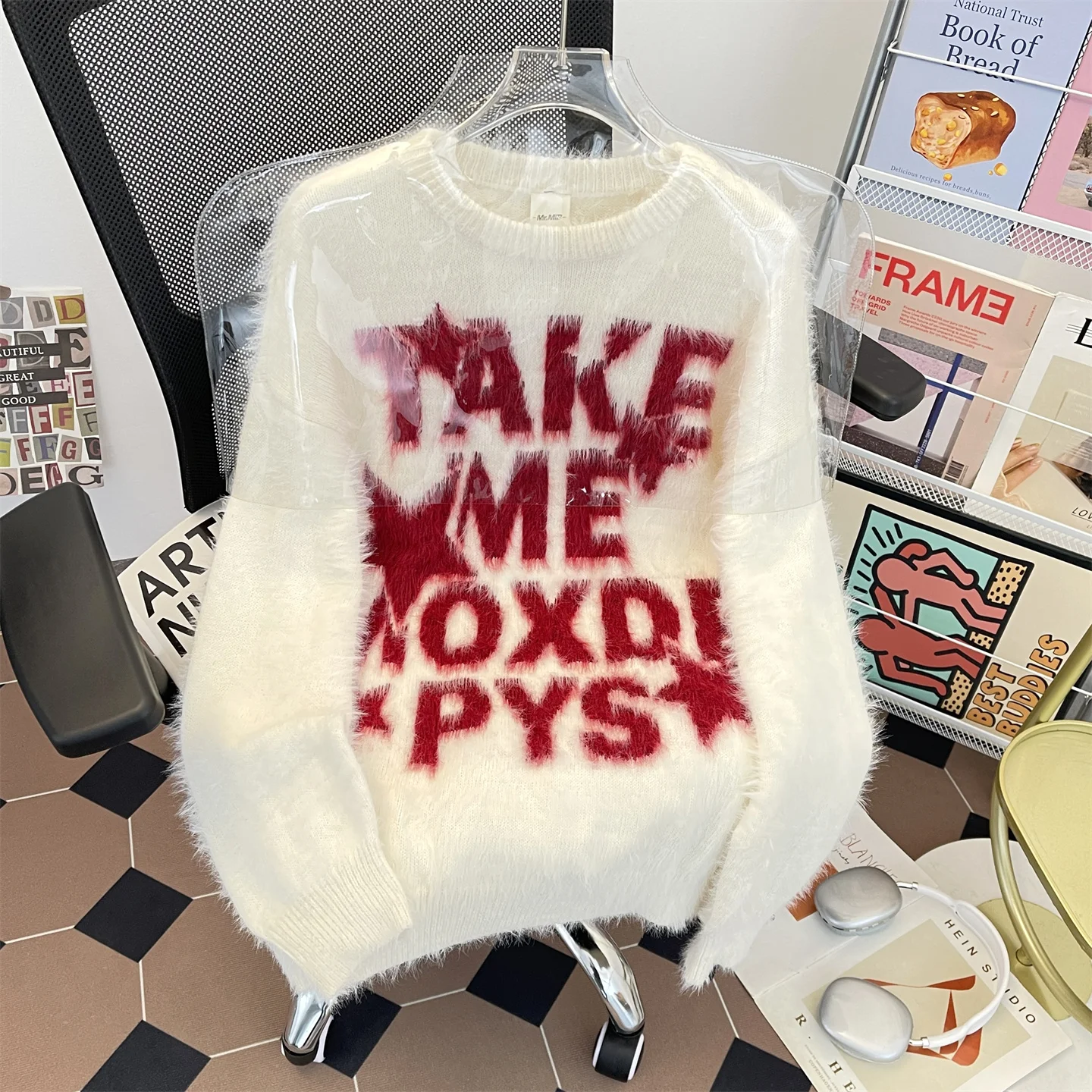 

American Retro Lettered Mink Fur round Ne Knit Sweater Men's Thiened Loose Fit Teenage Warm Knitted irt Casual Sle