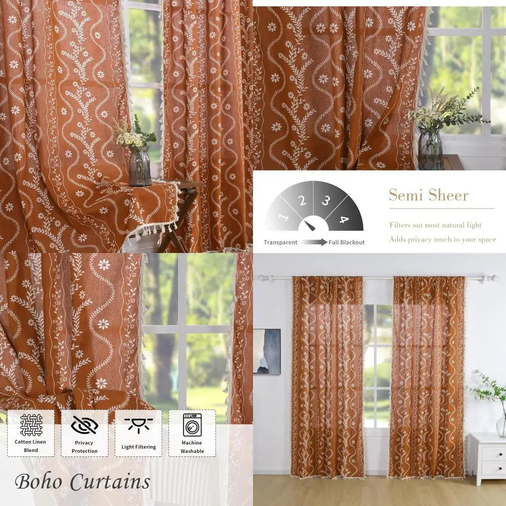 

Schweek Rust Orange Boho Curtains 96 Inch Length Linen Curtains for Living Room 2 Panels, Vintage Farmhouse Printed Floral Rusti