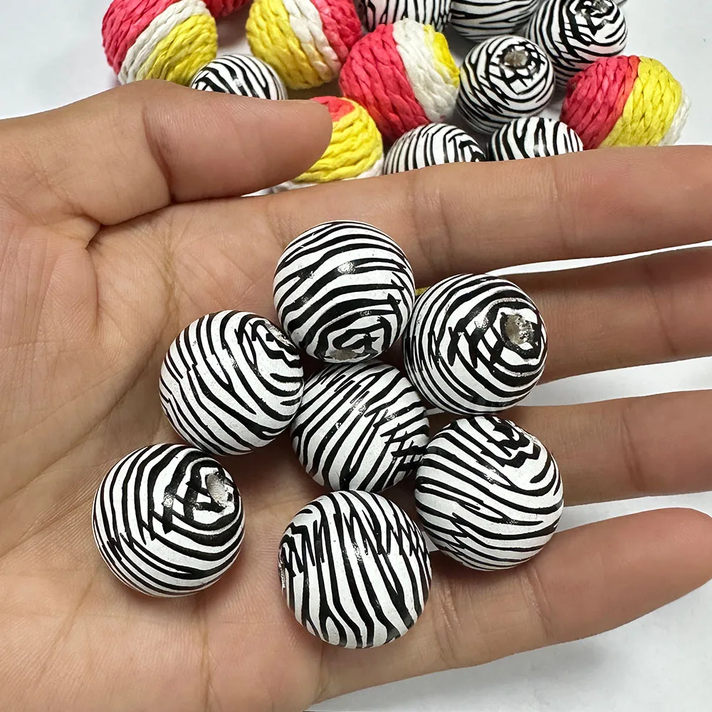 Boho Zebra Stripe & Colorful Raffia Wrapped round Beads Hollow Paper Rope Ball Spacer for DIY Bracelet Necklace Jewelry Making