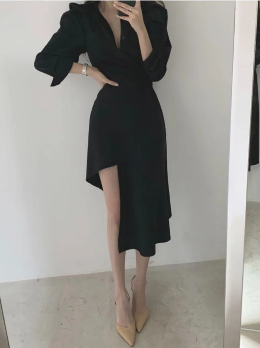 فستان قميص أنيق للخريف المبكر للنساء بزر واحد وياقة مقلوبة وطول متوسط وتصميم غير متماثل بأسلوب ناضج خفيف للارتداء اليومي #5