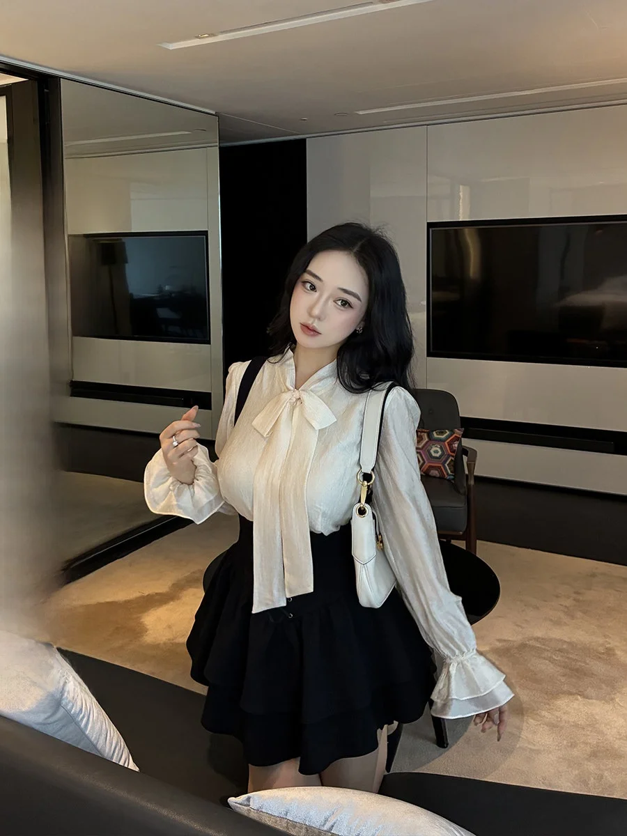 

Romantic Spring Micro Plump Knot Ribbon Top And Skirt Set Long Sleeve High Waist Spring Fashion Women's Outfit Set