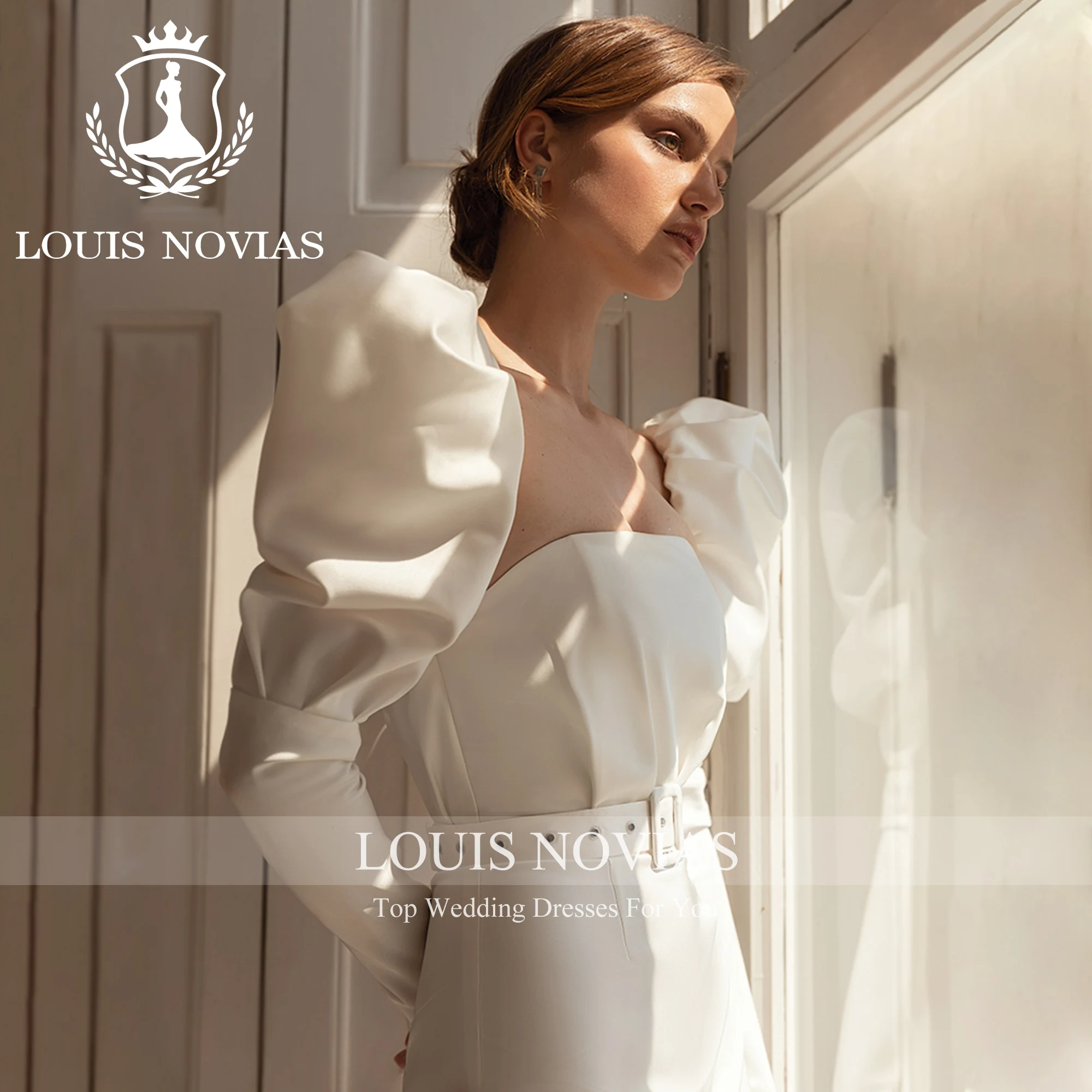 LOUIS NOVIAS 인어 긴 퍼프 슬리브 웨딩 원피스 2023, 모던 스트랩리스 벨트, 무릎 위 새틴 웨딩 가운