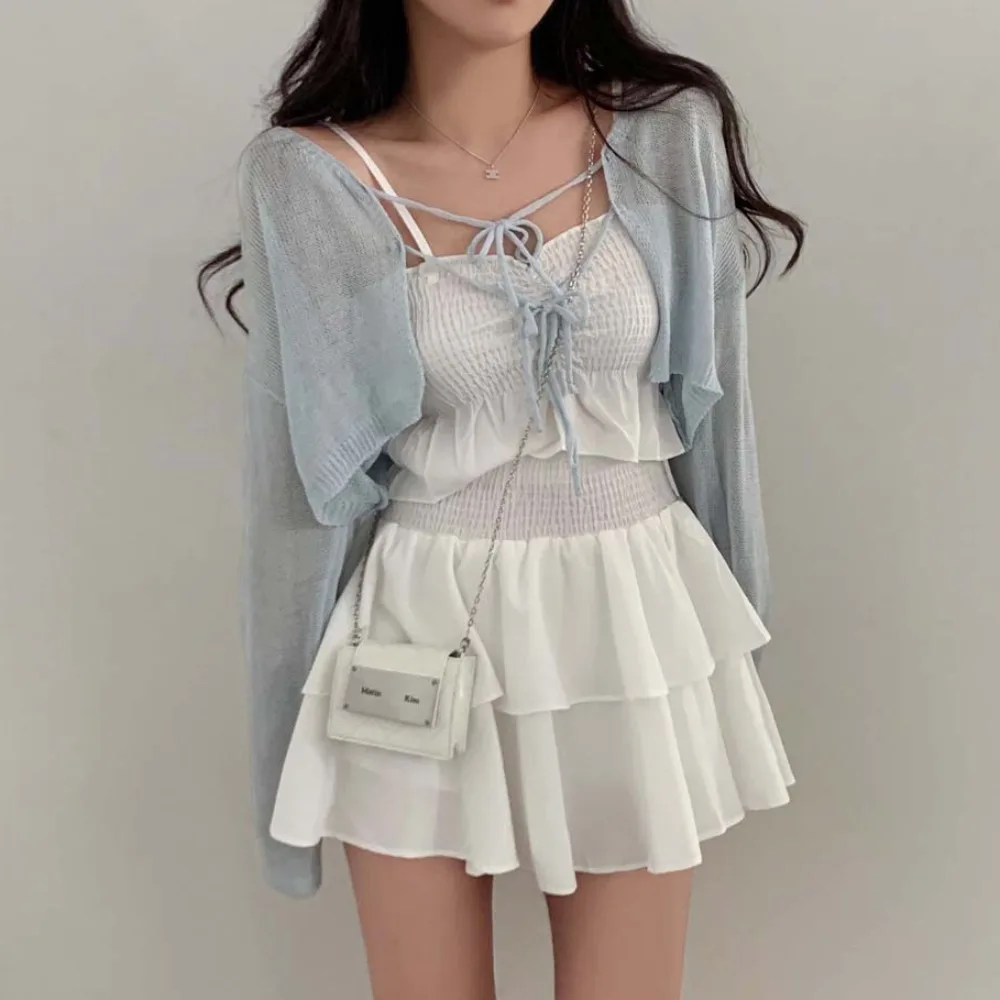 سترة نسائية محبوكة طويلة من Sve لربيع وخريف كورية أنيقة ملفوفة على الكتف وعقدة ملونة