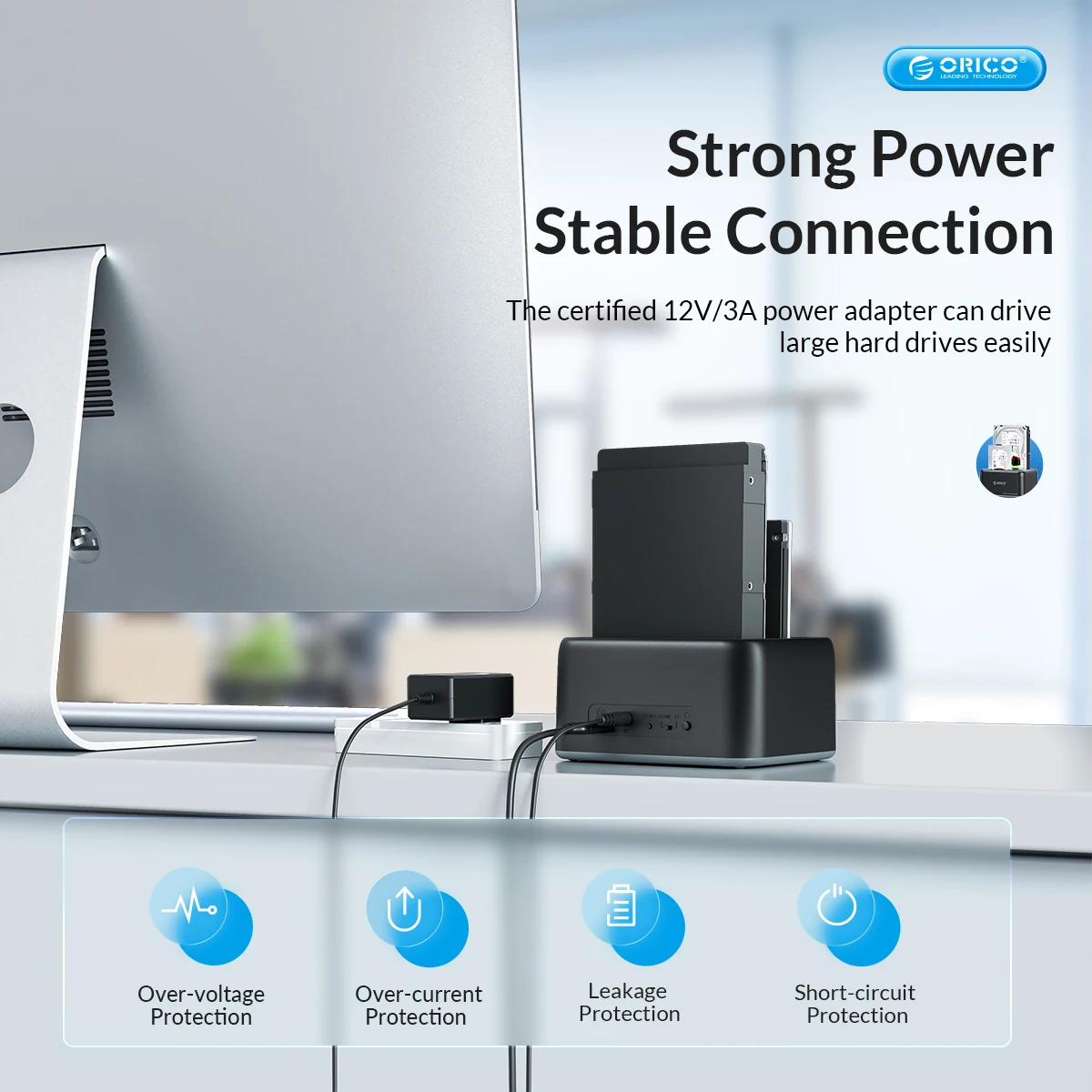 Docking station per disco rigido ORICO da 2,5/3,5 pollici SATA a tipo C USB3.2 Custodia per HDD Gen2 da 10 Gbps con alimentatore Clone offline 12V3A