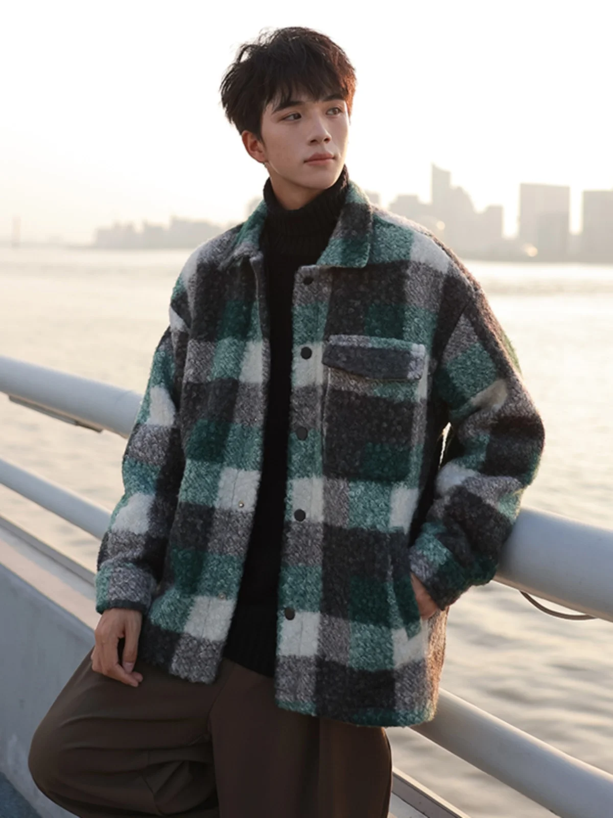 

American Retro Plaid Woolen Coat Loose Men's Women's Autumn Winter Trendy Brand Couple's Jacket Daily Wear Long Sleeve
