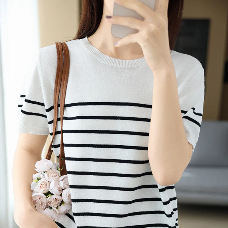 Customization 100% Pure Cotton Striped Women'S Short-Sleeve Summer New Thin Round-Neck T-Shirt Loose Casual Base Knit Top