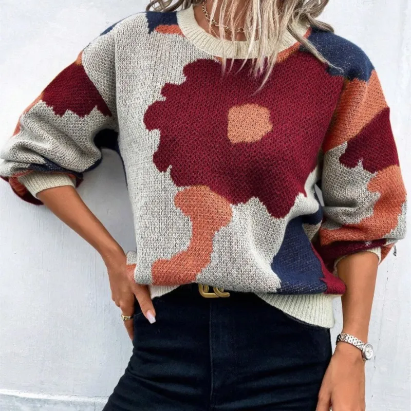 Flower Jacquard Knitted Sweaters Women Autumn O Neck Loose  Pullover Jumper Lady Daily Street Commute Knitted Sweaters