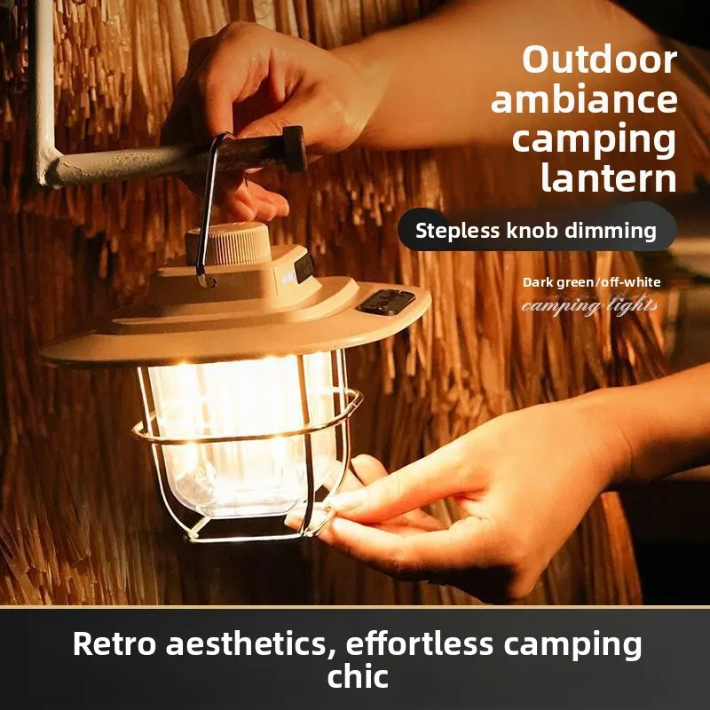 فانوس LED ريترو محمول قابل لإعادة الشحن في الهواء الطلق - ضوء تخييم خافت بدون خطوات مع وظيفة إضاءة ليلية في حالات الطوارئ