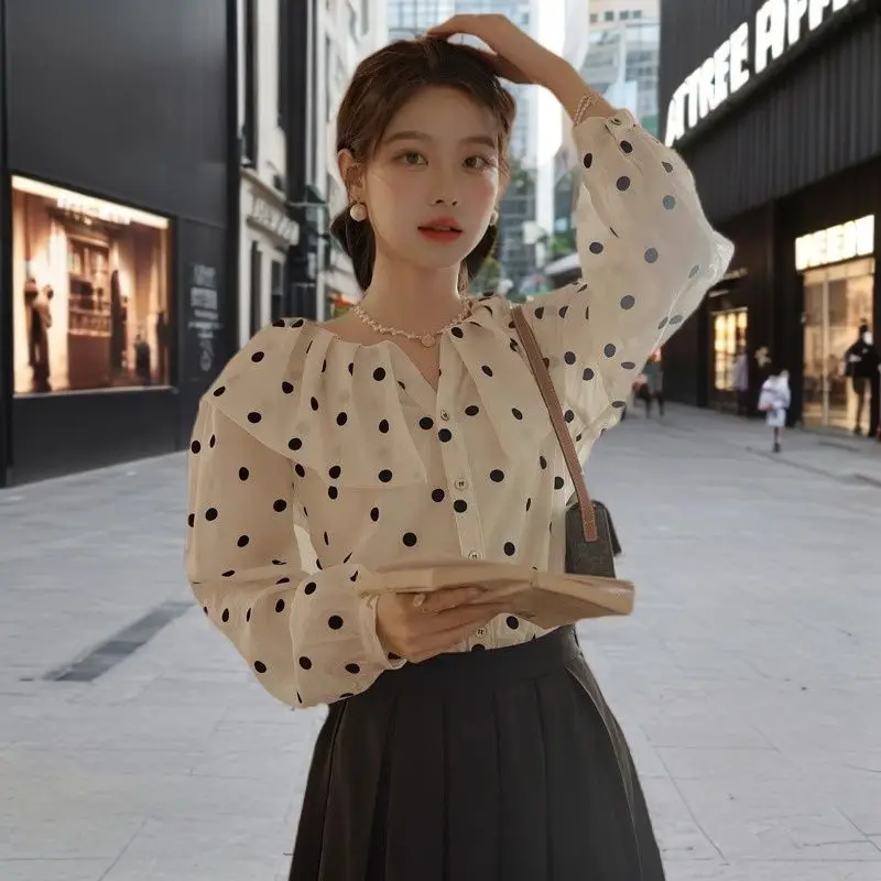 Design A New Polka Dot Shirt Top For The Summer Of 2024. New Fashionable Polo Collar Long Sleeved Chiffon Shirt