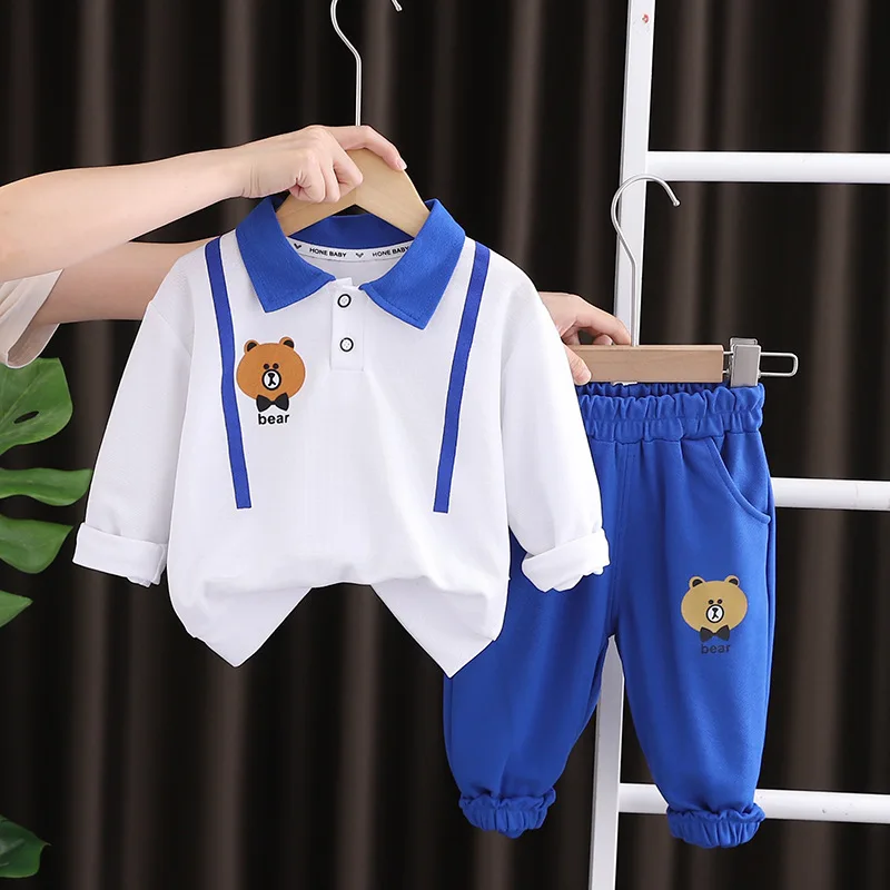 

Korean Baby Infant Boy Clothes 2023 Spring Autumn Cartoon Turn-down Collar Long Sleeve T-shirts Pants Kids Two Piece Outfit Set