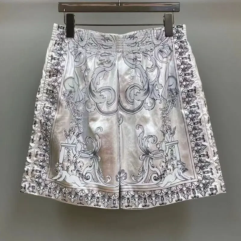 Summer New Style Men\'s Beach Pants, Metal Silver Fashion Pattern Printing, Elastic Casual Shorts Quick-dry Straight Pants