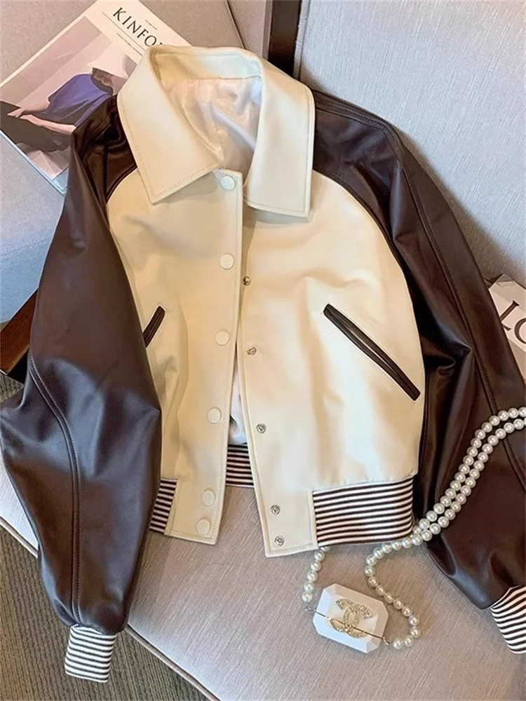 

Retro American Street Sle Color Blo Biker Leather Jaet Casual Baseball Outfit for Men And Women Spring Autumn Trendy St...