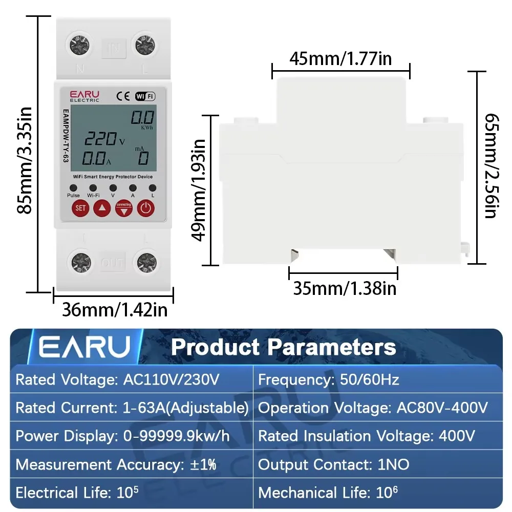 Tuya WiFi Smart Energy Meter Power kWh Meter Earth Leakage Over Under Voltage Protector Time Relay Device Switch Circuit Breaker