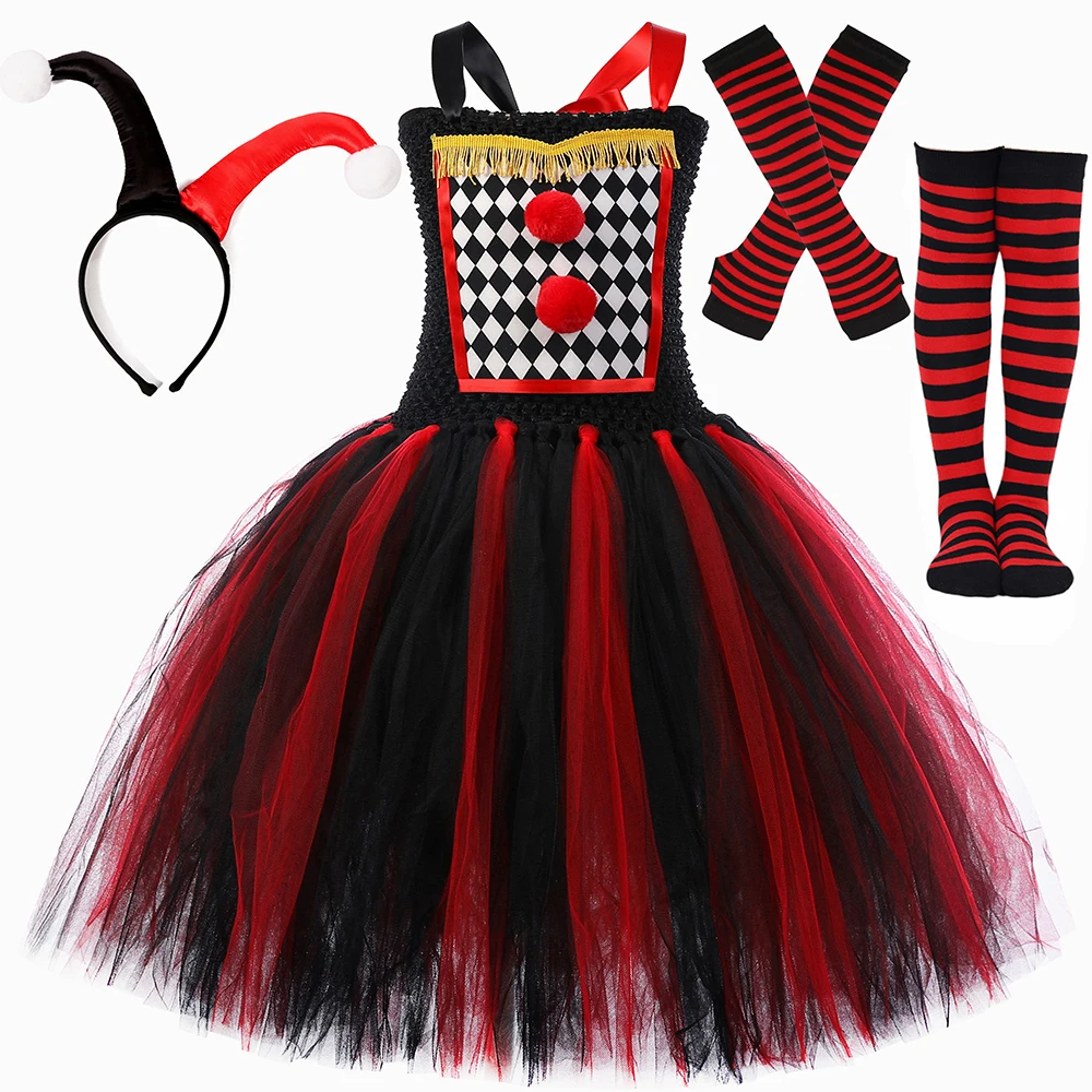 Girls Evil Jester Clown Costume Kids Halloween Tutu Dress Red Black Joker Tulle Princess Dress for Girls Carnival Party Clothes