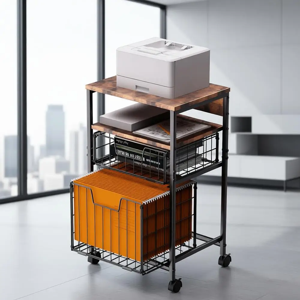 

4-Tier Rolling Cart | 2-Shelf Mobile Filing Cabinet & Printer Stand with Hanging Organizer - Brown