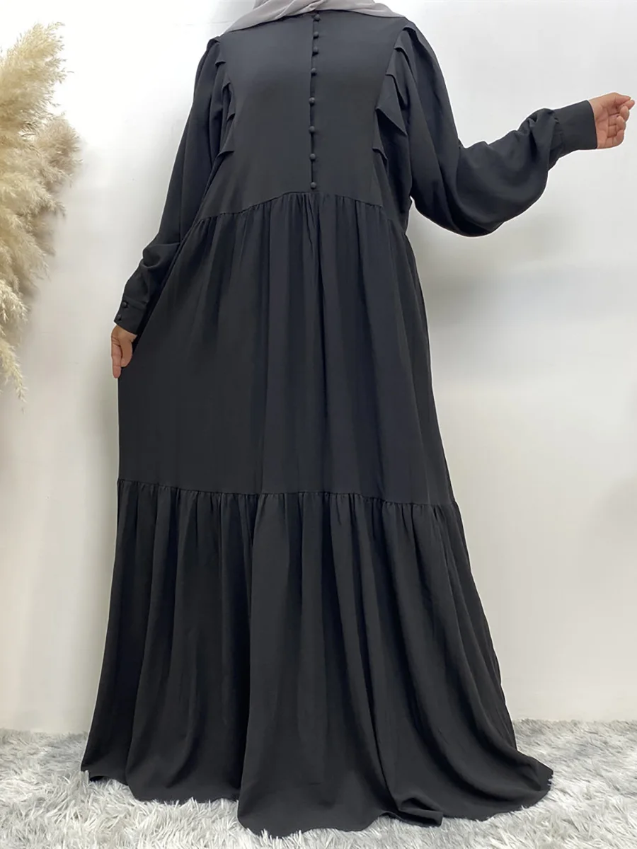 Muslim Middle Eastern Women\'s Abaya Loose Style Chiffon Long dress Solid Color Islamic Clothing Dubai Turkey Loose A-line button