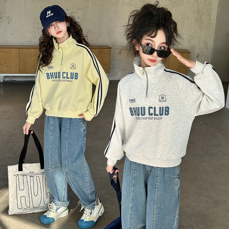 

New Autumn Children y2k Turtleneck Sweatshirt with Half Zipper for Girls Casual Streetwear Outfit Kids Teenager Fashion Clothing