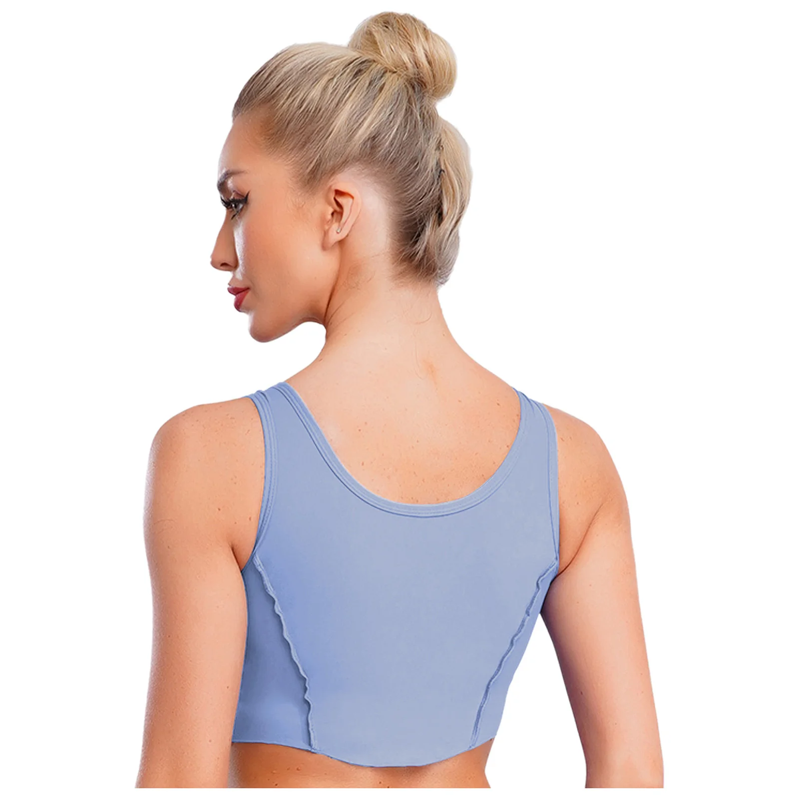 Canottiere da allenamento da donna con orlo curvo, scollo a U, senza maniche, top corto, yoga, sport atletico, pilates, gilet da palestra con pettorali rimovibili