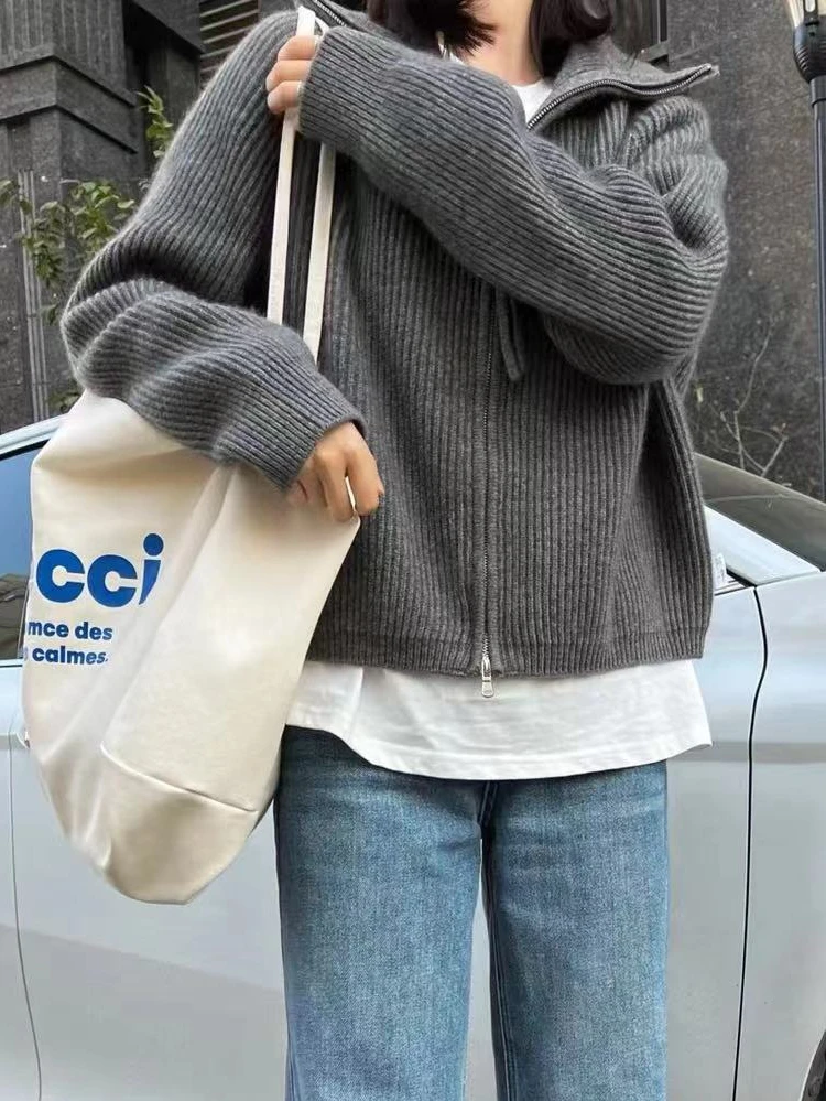 

100% Cashmere Women's Double Zipper Cardigan Autumn Winter Thick Warm Loose Top Jacket Casual Fashion Knit Sweater