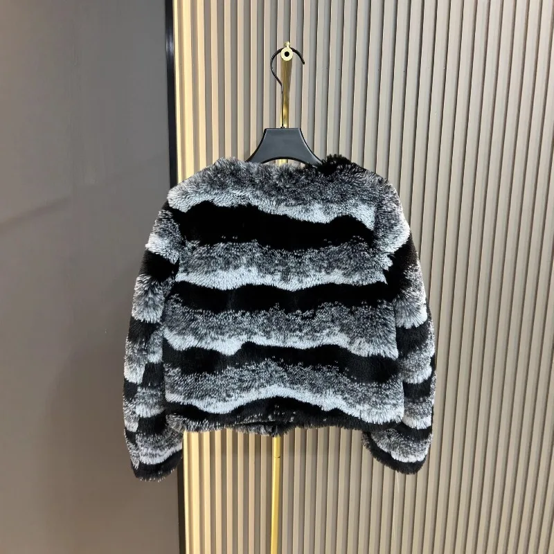 2025 Autumn Winter New Faux Fur Coat For Women's Black And White Striped Short Thickened Warm Long-sleeves Woolen Jacket Outwear