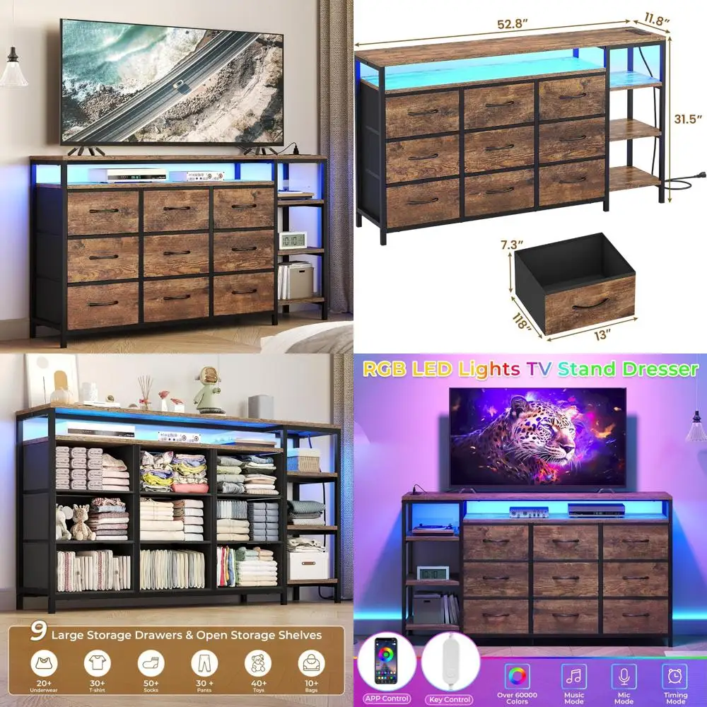 LED Lighted 60 Inch TV Stand with Charging Station, 9 Fabric Drawers, Bedroom Entertainment Center