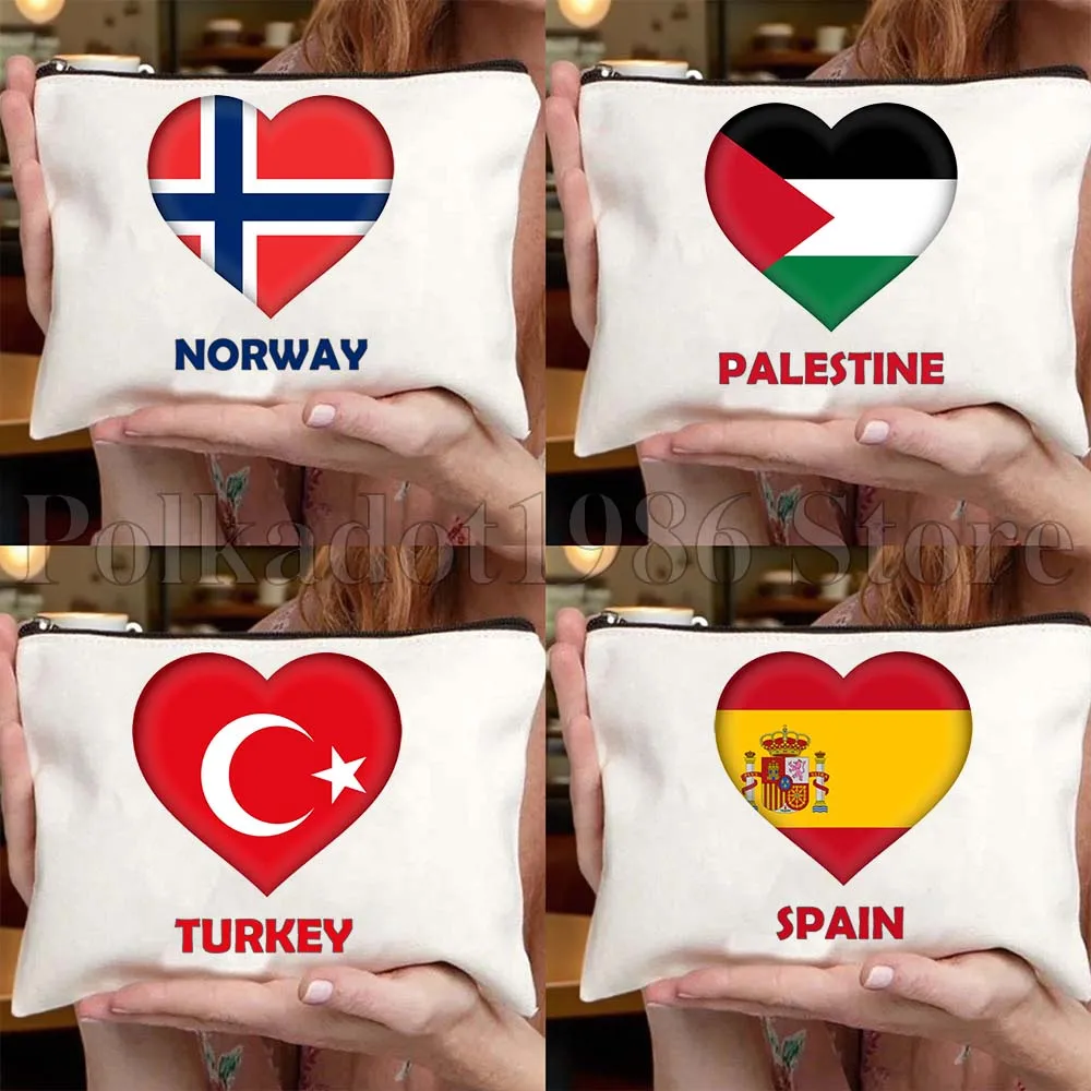 Maldivas Noruega Islandia Corea del Sur España Suecia Irán Bandera del corazón Bolsa de lona Bolsa de cosméticos de viaje Estuche de maquillaje para mujer Bolsa de moda