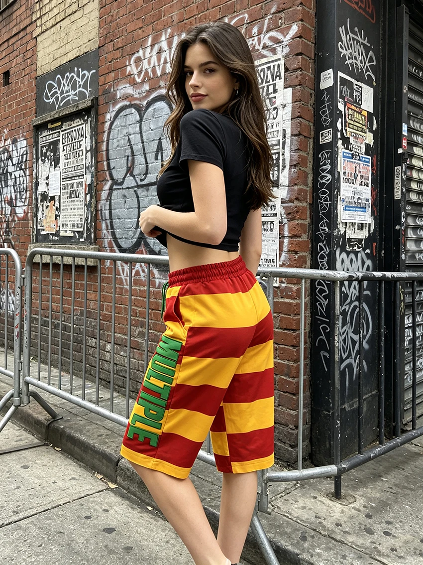 Vintage Hip Hop Women Color Block Striped Capris Vertical Letter Patch Elastic Drawstring Waist Side Pocket Loose Cropped Pants