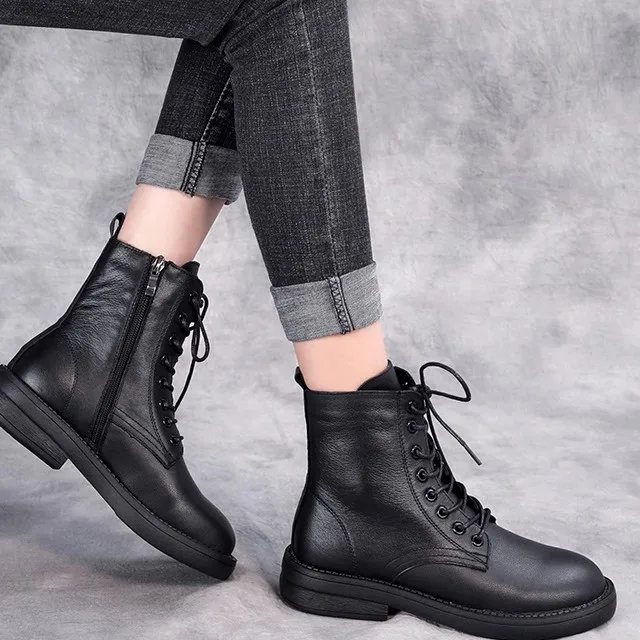 

Genuine Leather Boots Women's Zipper Flat Bottom Booties British Style High Tubc Head Layer Cowhide Spring Autumn Winter