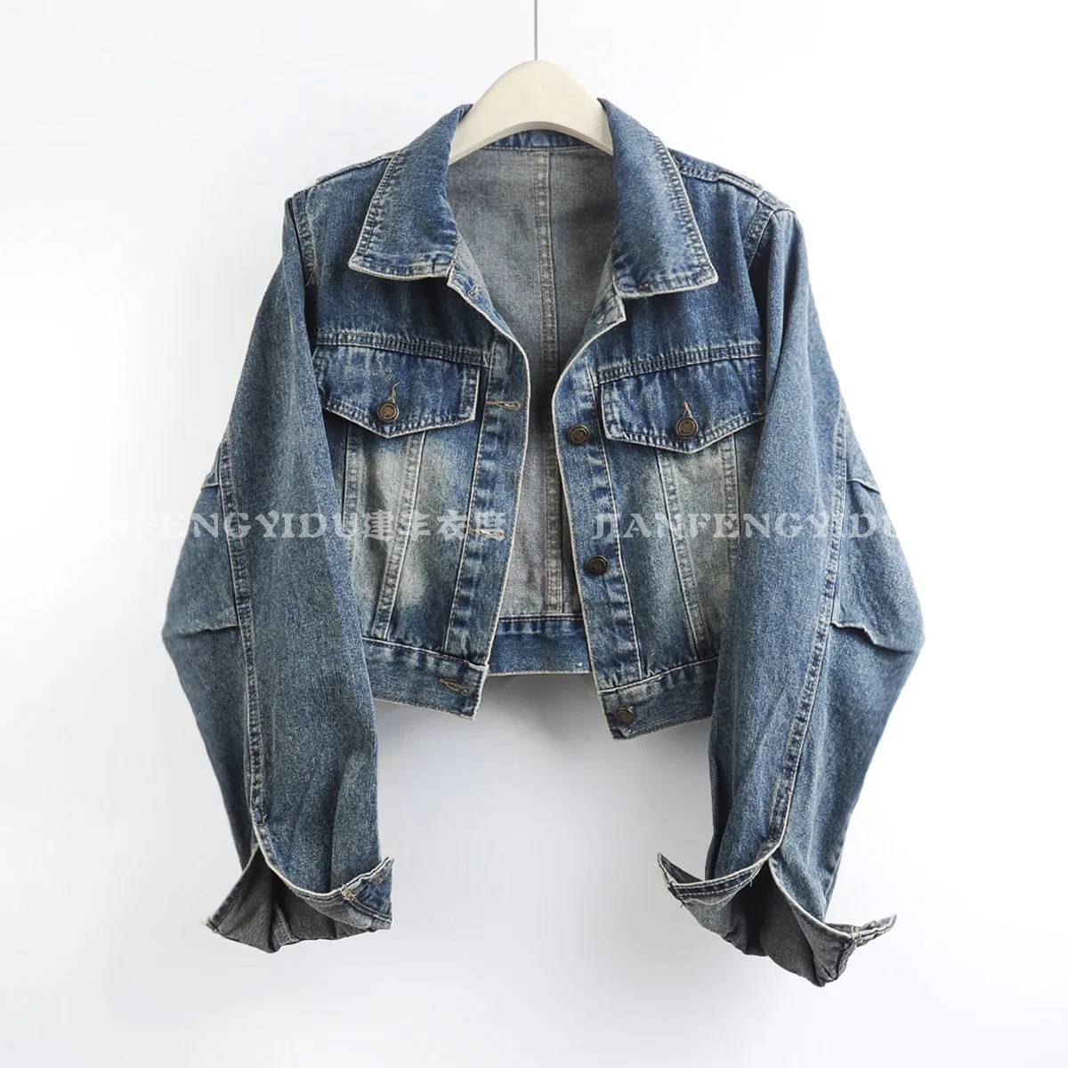 Solid Color Short Jeans Jacket Autumn Women Loose Casual Turndown Collar Single-Breasted Long Sleeve Denim Jacket Female Coat