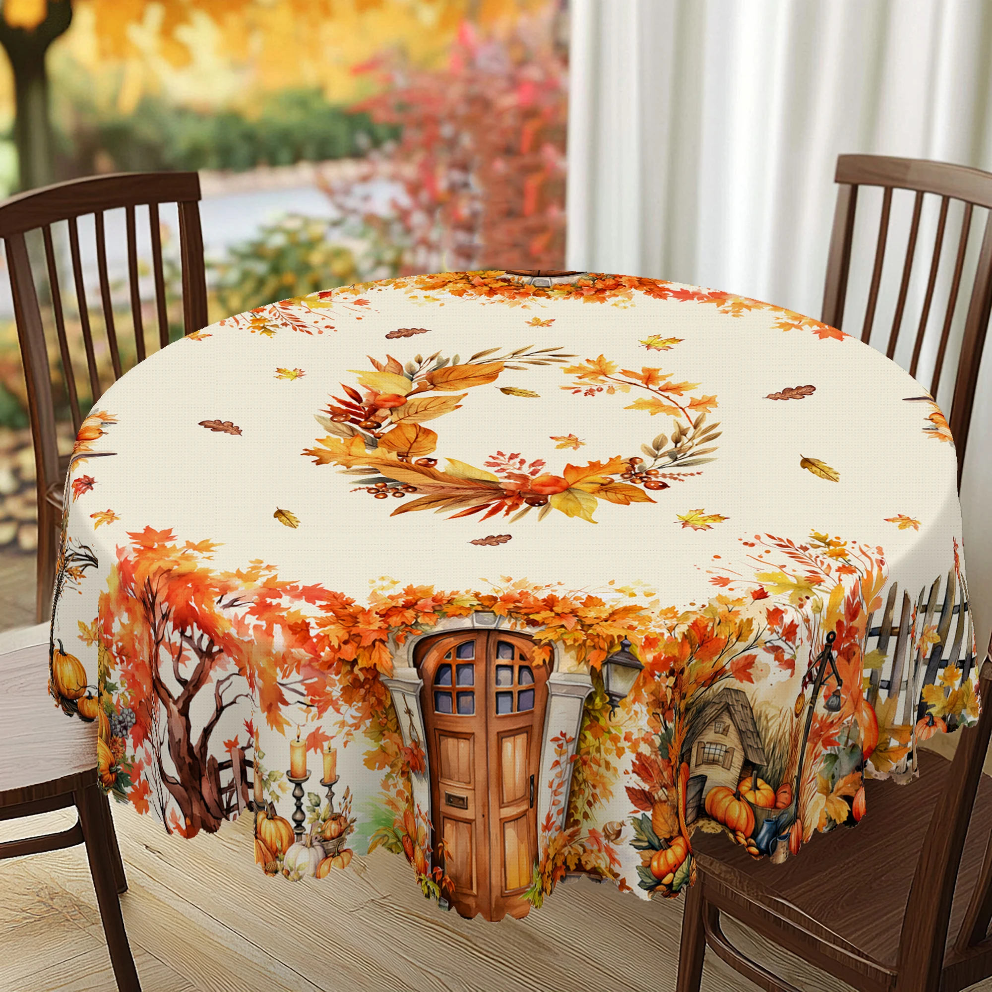 1-teilige runde und rechteckige Tischdecke mit Autum-Kollektion-Thema, verschiedene Größen, Kürbis- und Herbst-Fallenblatt-Druckmuster, dekorative Tischdecke, Thanksgiving-Party-Innenhof, geeignet für