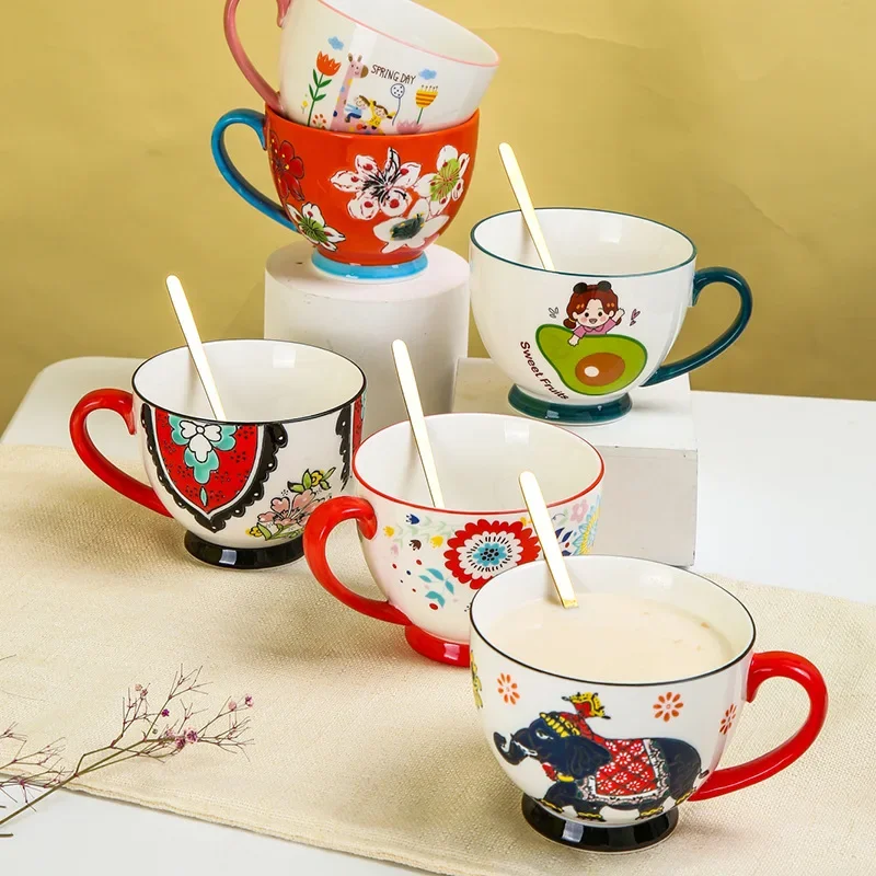 LingAo-Hand-painted Ceramic Relief for Breakfast, Oatmeal Milk Cup, Milk Tea Shop, Restaurant, Home, Office, Coffee Shop
