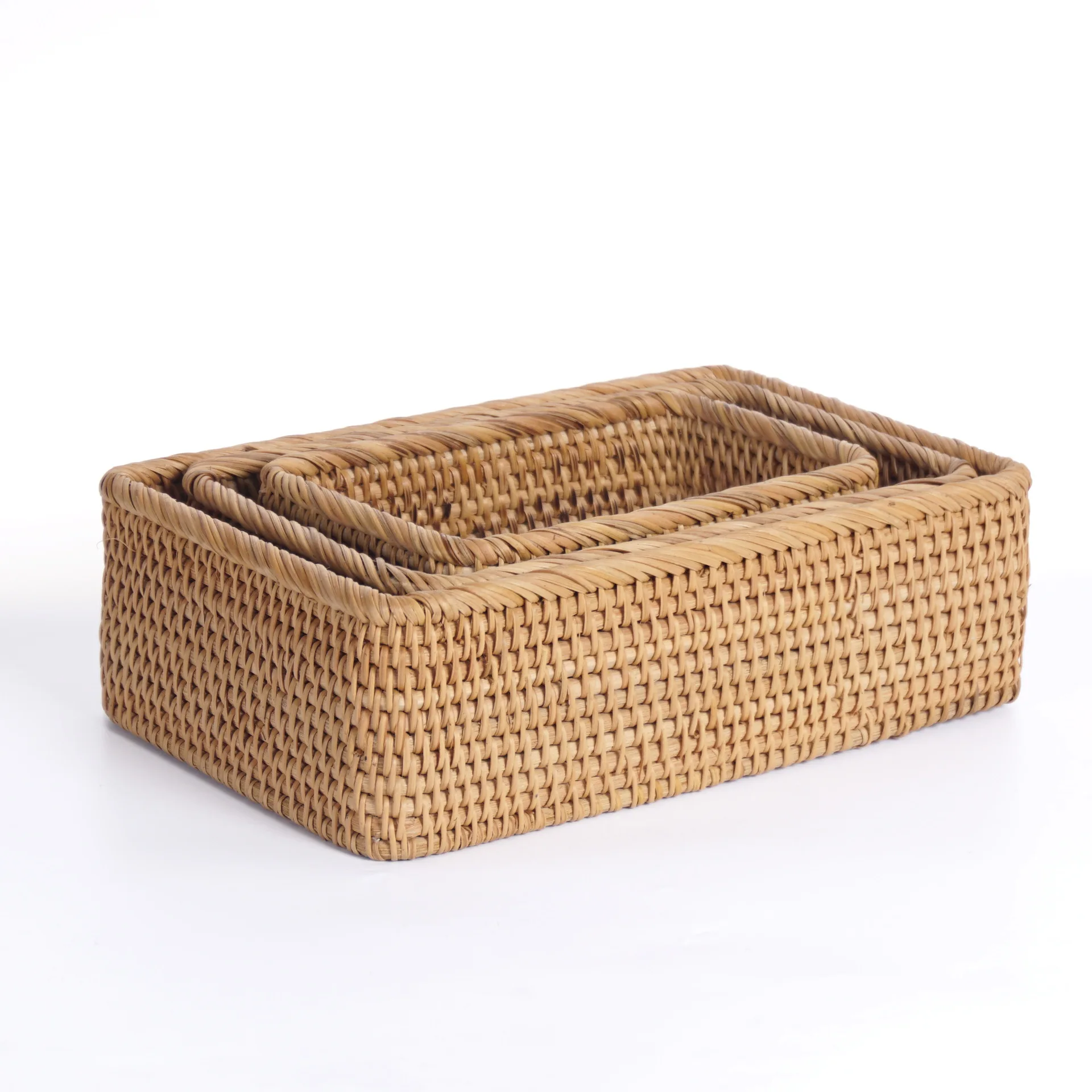 

Square rolled edge set with three rustic style minimalist Vietnamese autumn vine hand woven storage basket for home storage and