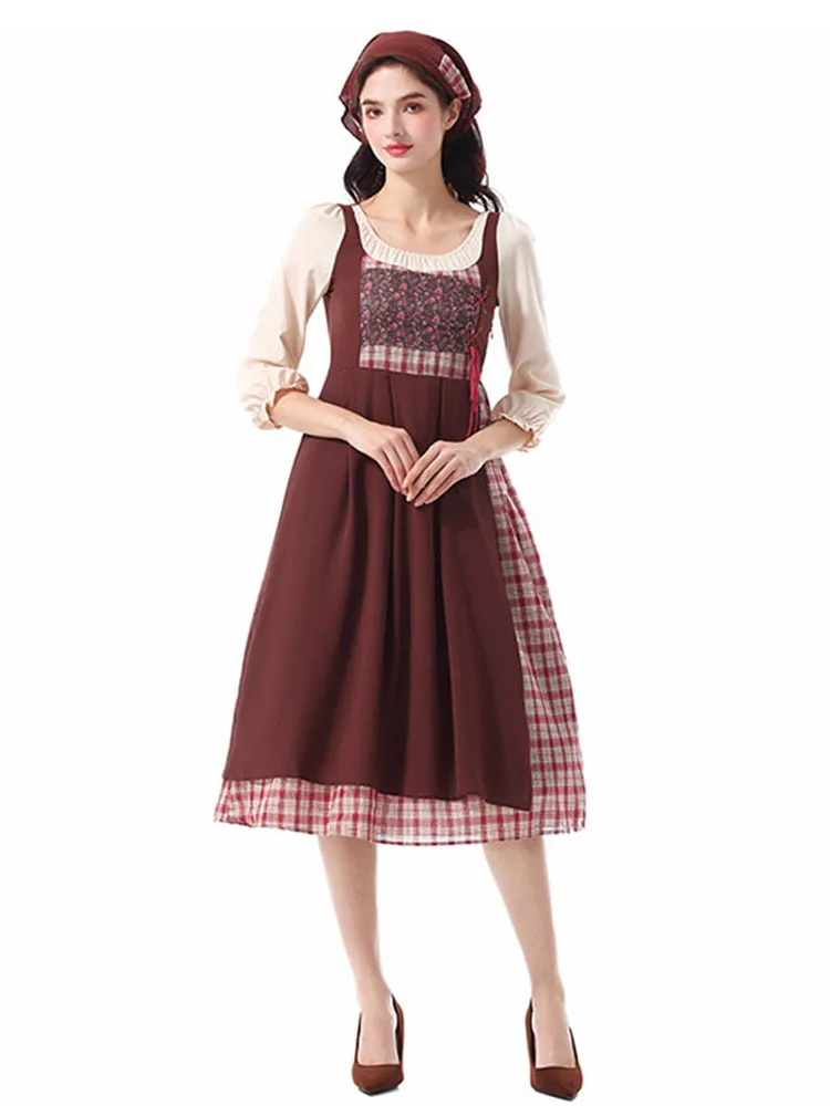 

loween Adult Cinderella Poor Man's Plaid Floral Print Two-Piece Dr Women's Country Sle Performance Costume Polyester