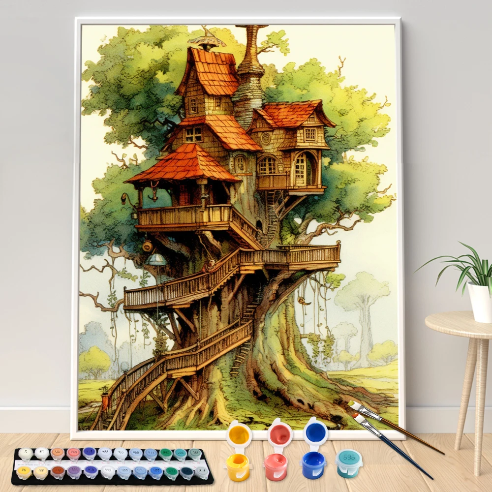 Vernice a mano albero casa edificio orologio tempo paesaggio pittura acrilica con i numeri Kit fai da te decorare opere d\'arte su tela regalo di