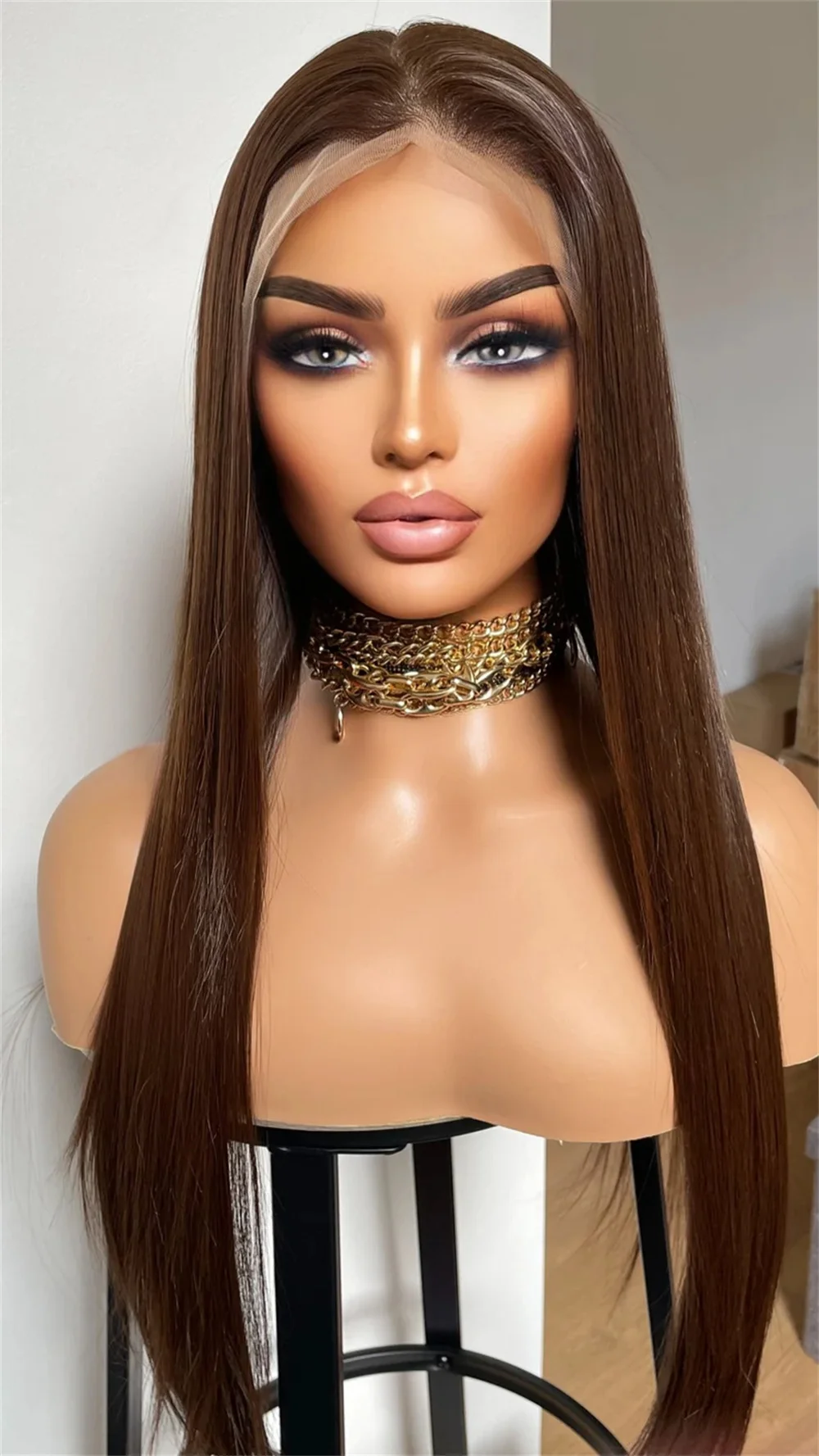 Dark Brown Straight Synthetic Wig Brunettes Natural Looking Wig Realistic Hairline 13x4 Lace Wig For Women Heat Friendly Wigs