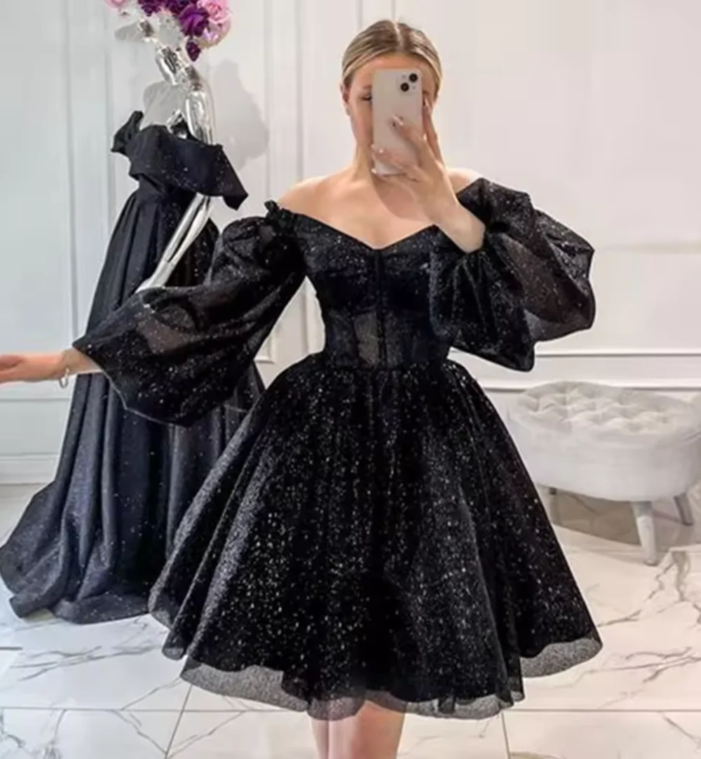 

Black Short Evening Dresses 2022 Formal Tulle Prom Party Gowns Strapless Puff Sleeves A-line Beach Princess Dress