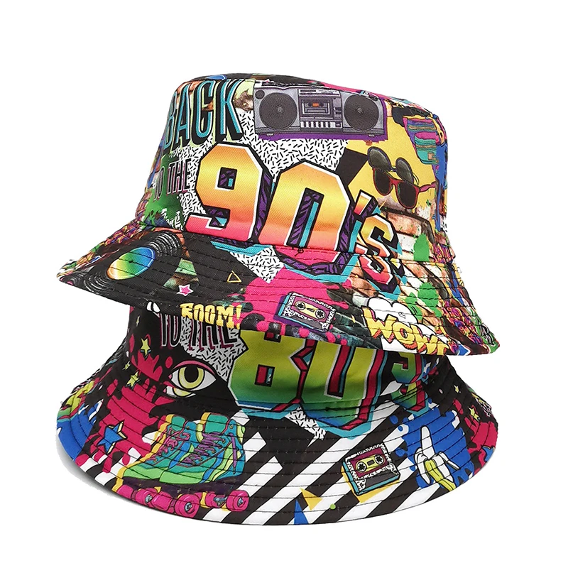 Top Disco Bucket Hat 80s 90s Vintage Style Fisherman Hats Cartoon Printing Panama Cap Double Sides Outdoor Summer SunNew Style